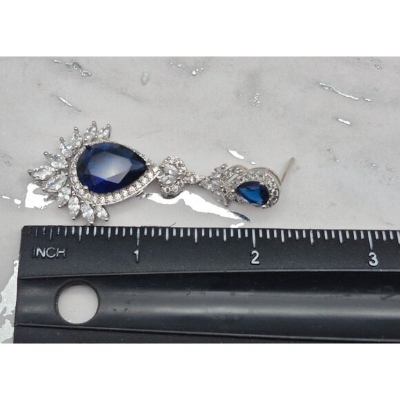 Runway Statement Drop Chandelier Earrings Silver Tone & Blue Crystal Formal Prom - Picture 6 of 6